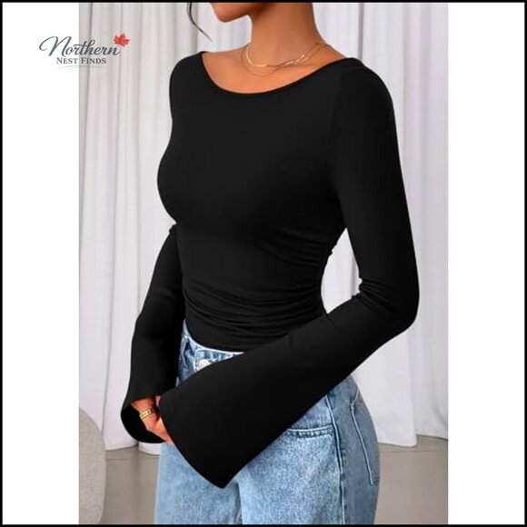 Long Sleeve Crop Top Boat Neck Bell Sleeve Ribbed Ruched Y2K Blouse - Picture 3 of 7